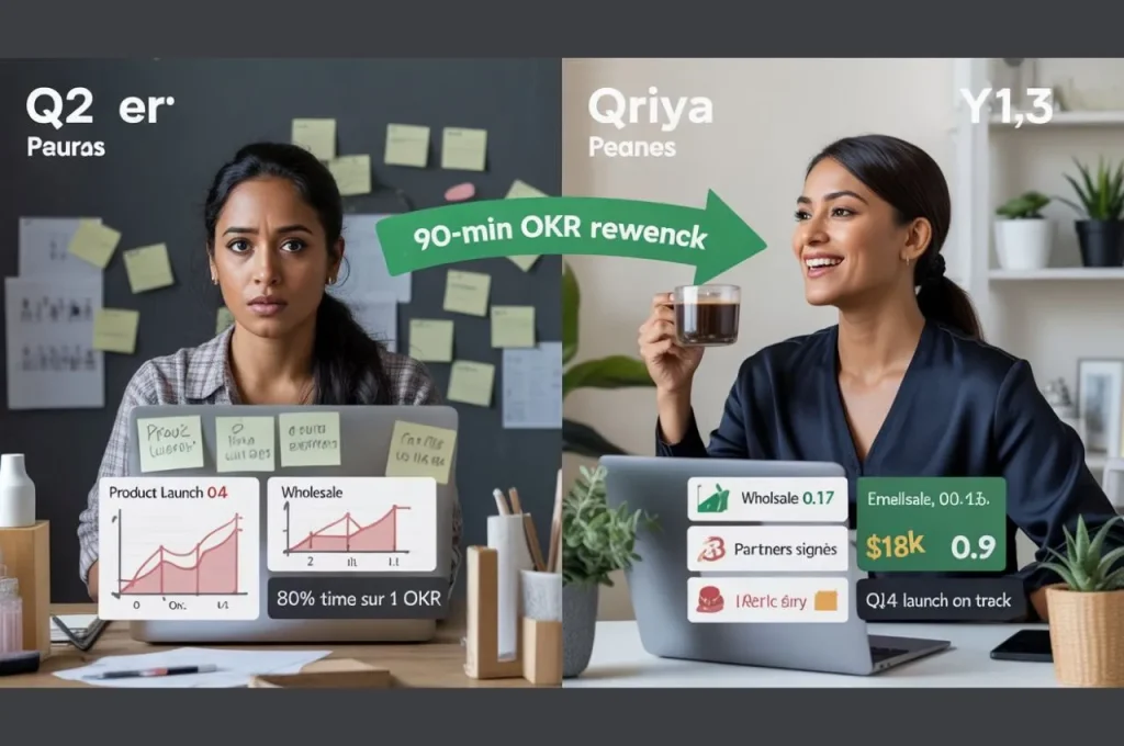 Realistic split-screen Priya e-commerce founder Q2 failure (0.4 product, 0.1 wholesale) vs Q3 success (0.75 wholesale, $18K email) after 90-minute AI quarterly OKR review framework
