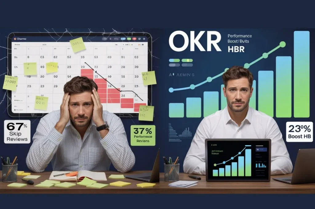 Realistic split-screen photograph of US entrepreneur stressed without quarterly OKR review vs confident with AI-powered 90-minute framework showing 23% HBR performance boost professional workspace transformation
