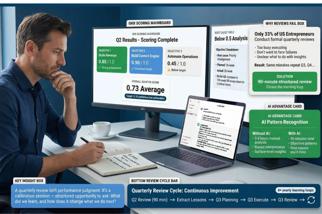 Entrepreneur conducting ninety-minute quarterly review using AI analysis showing OKR scoring zero point zero to one point zero with ChatGPT identifying structural patterns explaining why objectives succeeded or failed applying root cause analysis to improve next quarter planning
