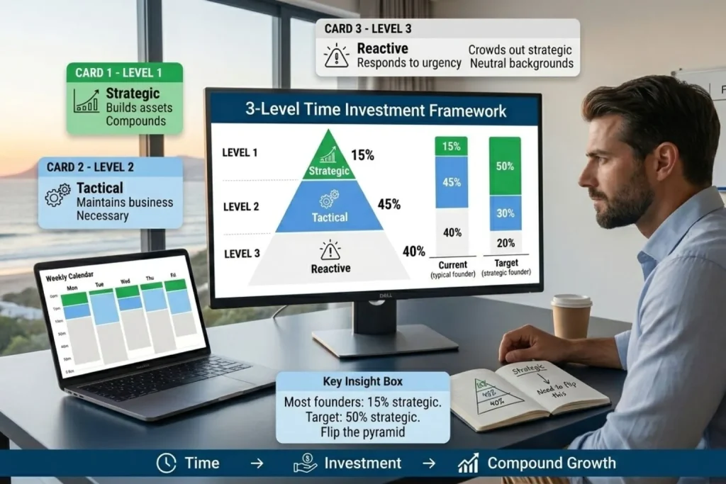 Entrepreneur viewing time as strategic capital investment using three-level framework showing level one strategic work fifteen percent typical building compound assets, level two tactical work forty to sixty percent maintaining operations, level three reactive work consuming remaining hours with pyramid visualization
