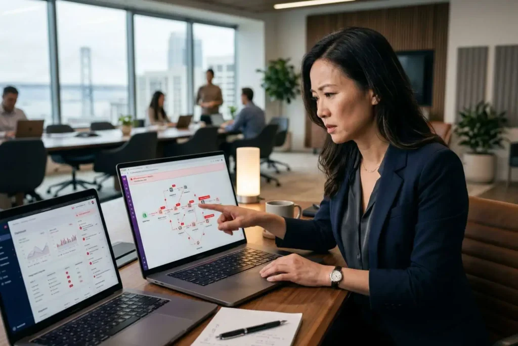 Founder reviewing fragile AI automation workflows after costly small business automation errors