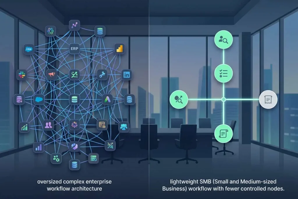 Comparison visual showing enterprise automation complexity versus SMB-friendly AI systems
