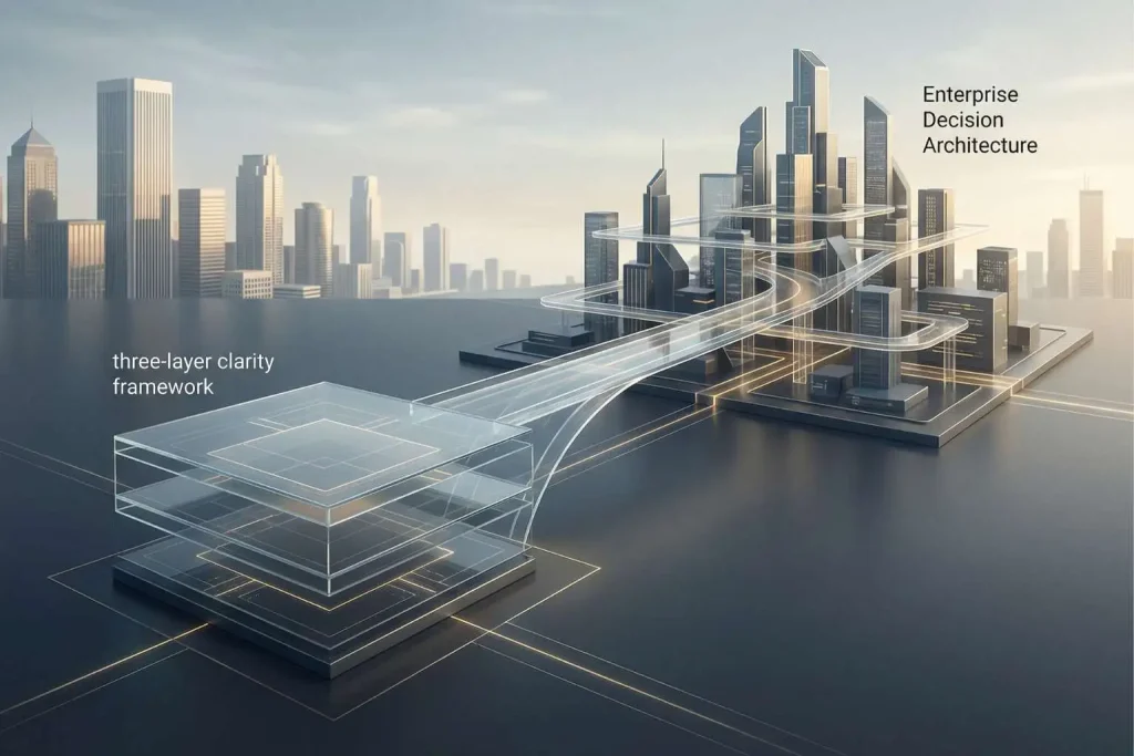 AI automation clarity framework visual bridging clarity layers to governance systems
