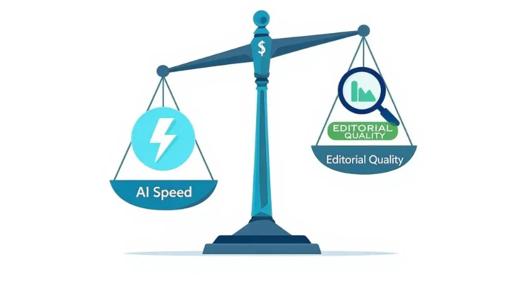 Scale balancing AI automation speed against human content quality judgment — illustrating the automation trap in content production for US creators
