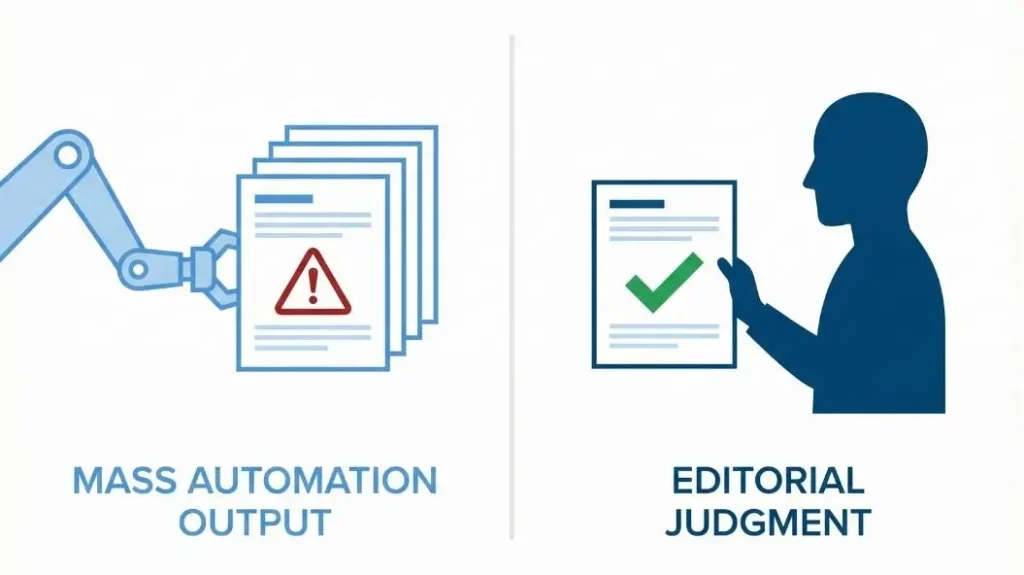 Robot automation producing duplicate low-quality content with a red warning sign — illustrating AI automation content quality risks for US creators in 202