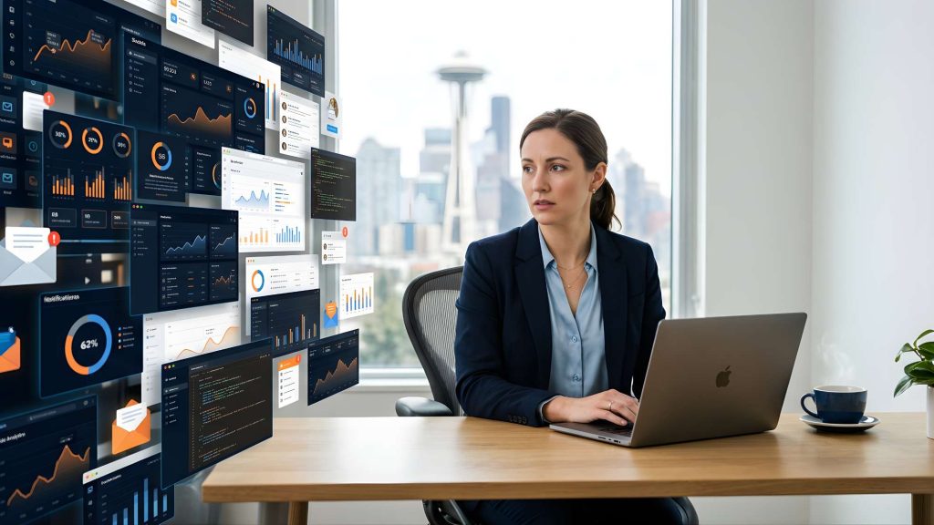 Professional woman surrounded by too many ai tools on one side and a clean workspace on the other, showing ai tool becomes a distraction