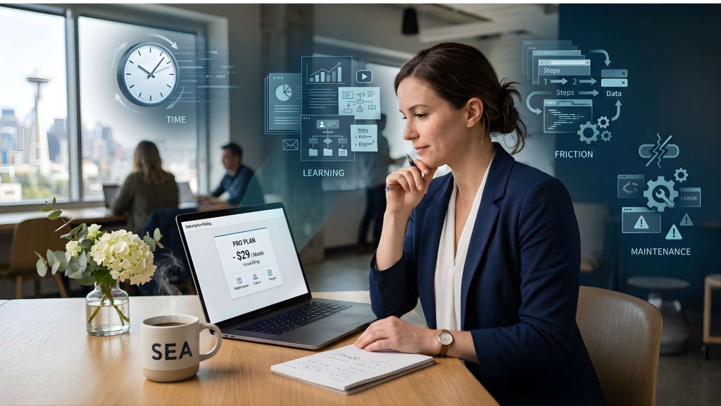Professional woman discovering hidden ai tool costs like time learning and friction beyond the visible subscription price, showing how an ai tool becomes a distraction