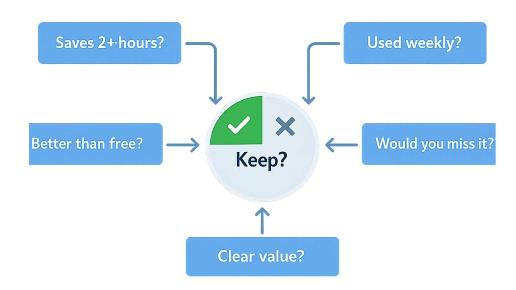 Diagram showing a 5 question ai tool evaluation framework including time saved usage frequency and value to decide if an ai tool is worth paying for