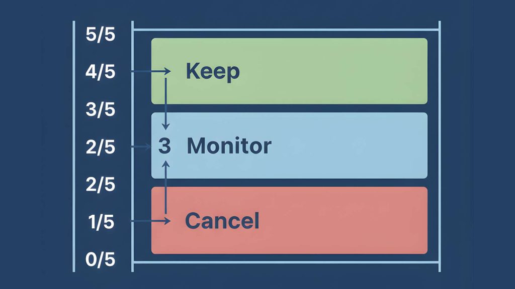 Diagram showing an ai tool decision matrix with keep monitor or cancel outcomes based on evaluation score to decide when an ai tool is worth paying for