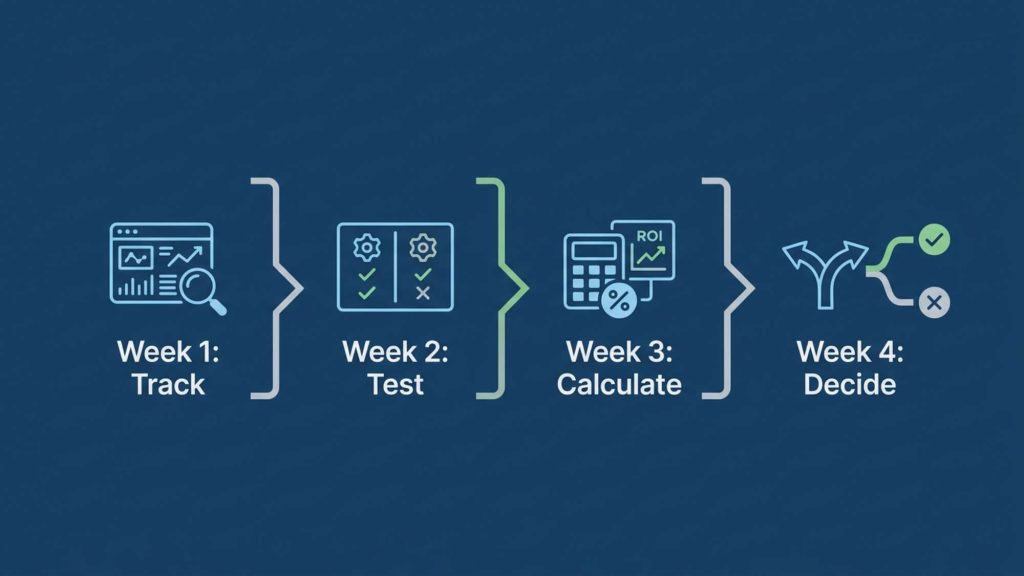 Diagram showing a 4 week ai tool audit process including tracking usage testing alternatives calculating cost and deciding when to remove ai tools