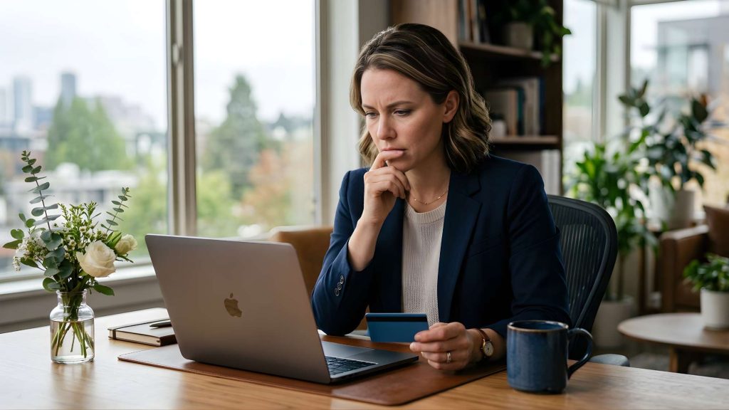 Professional woman hesitating before paying for an ai tool subscription, illustrating the decision of whether an ai tool is worth paying for
