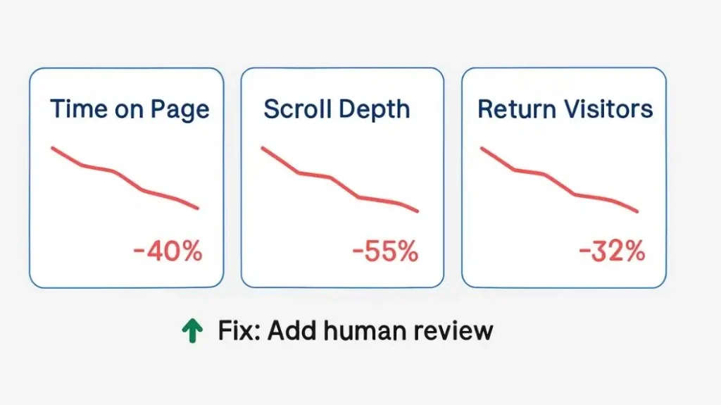 Dashboard showing three content quality metrics — time on page, scroll depth, return visitors — used to detect AI automation content quality degradation in US content operations