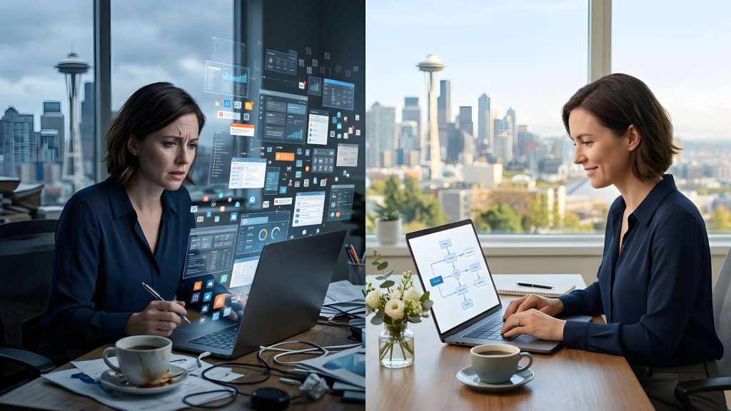Split scene showing overwhelmed entrepreneur with multiple ai tools on one side and a structured ai productivity system on the other