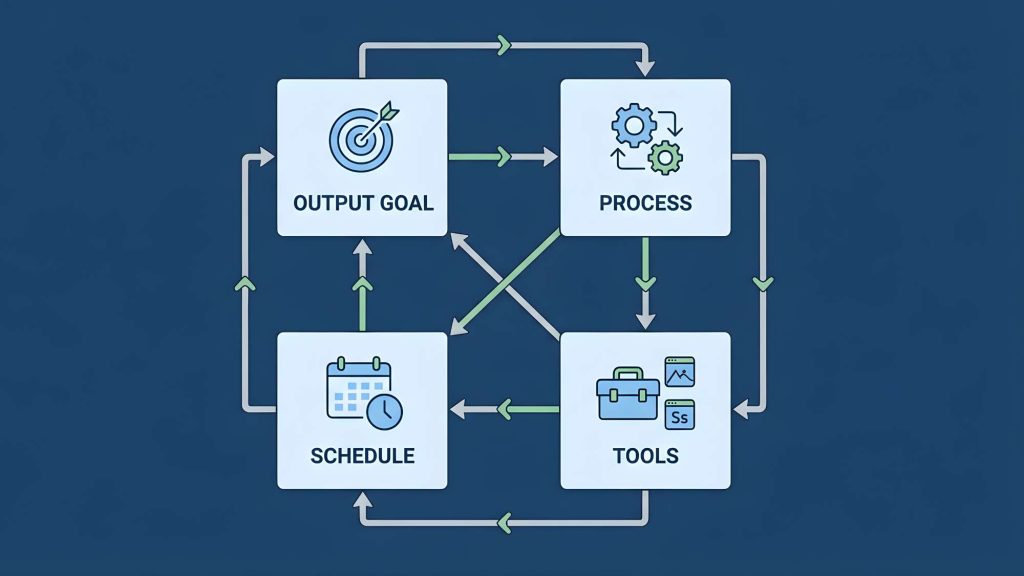 Diagram showing the four components of an ai productivity system for entrepreneurs including output goal process tools and schedule connected together