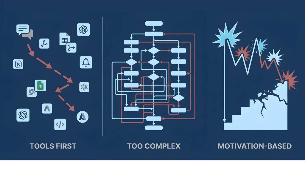 Diagram showing three ai productivity system traps including starting with tools complexity and relying on motivation instead of structure