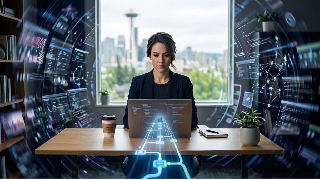 Entrepreneur surrounded by chaotic ai tools with a clear structured path in front representing an ai productivity system for entrepreneurs