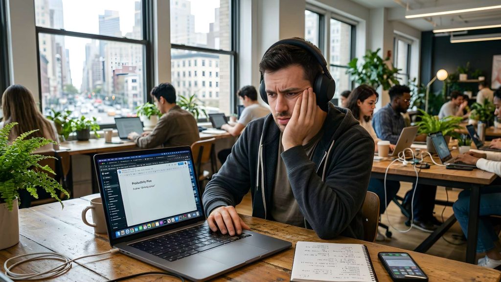 Entrepreneur using multiple ai tools in a coworking space but struggling to produce results, illustrating ai productivity mistakes entrepreneurs experience