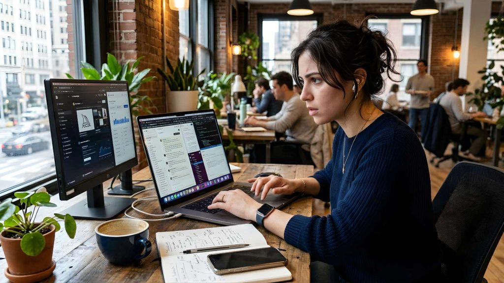 Entrepreneur using multiple ai tools in a coworking space but not producing real results, illustrating the gap between activity and output