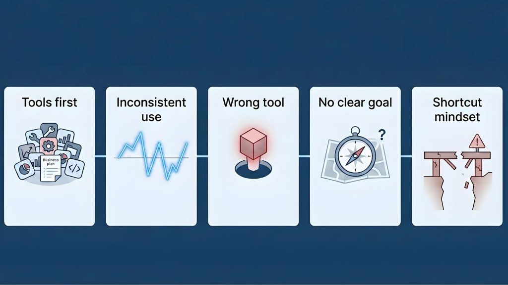 Diagram showing 5 ai productivity mistakes entrepreneurs make including tools first inconsistent use wrong tool no clear goals and shortcut mindset