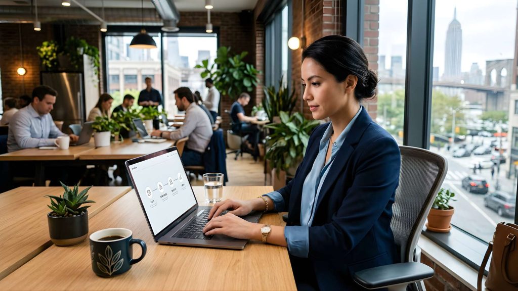 Entrepreneur working with a simple and structured ai productivity system in a coworking space showing focused workflow and clarity