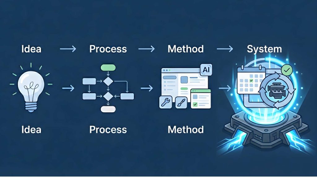 Diagram showing a 4 step ai productivity system including idea process method and system to fix ai productivity mistakes entrepreneurs make