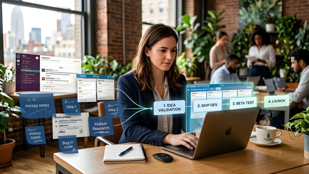 Entrepreneur organizing scattered ai tools into a structured workflow in a coworking space representing an ai productivity framework