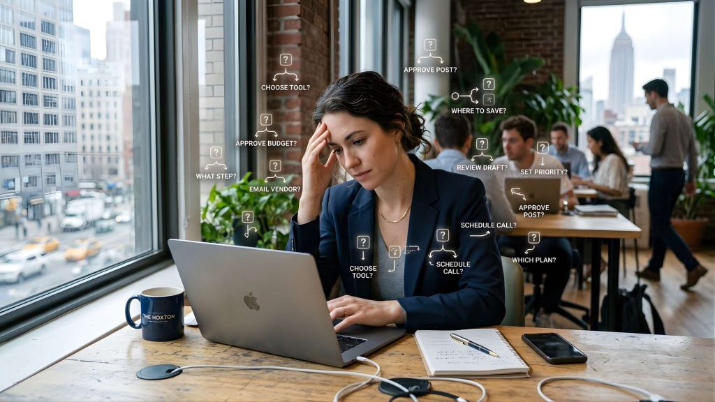 Entrepreneur overwhelmed by multiple ai workflow decisions and tools in a coworking space showing decision fatigue without a framework