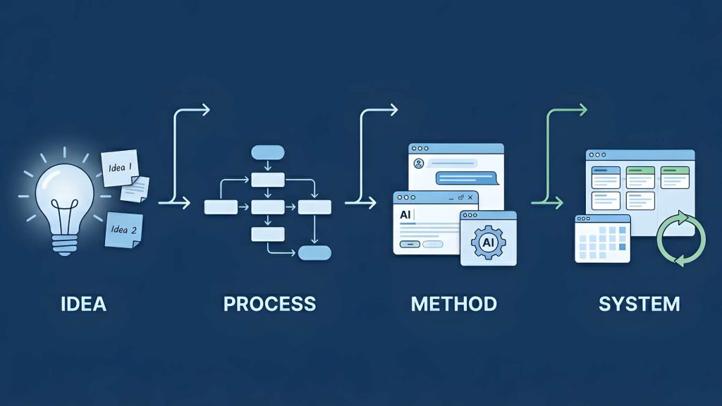 Illustrated diagram showing idea process method and system with ai tools and workflow elements for an ai productivity framework