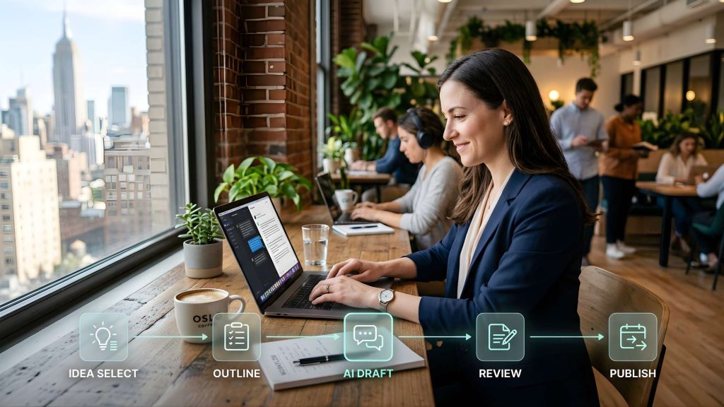 Entrepreneur using a structured ai productivity workflow with steps like outlining drafting and publishing in a coworking space