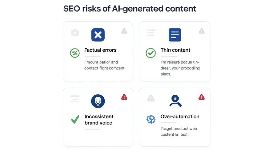 The main AI generated content SEO risks in 2026 include factual inaccuracies, thin content, inconsistent brand voice, and over-automation.