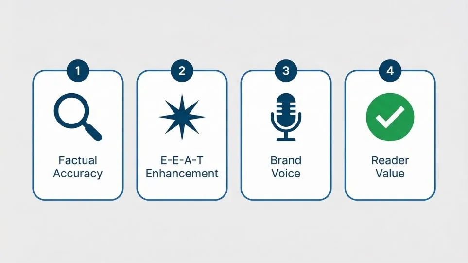 Four human editing AI content objectives shown as icon cards — factual accuracy, E-E-A-T enhancement, brand voice alignment, and reader value — the complete editing framework for US creators