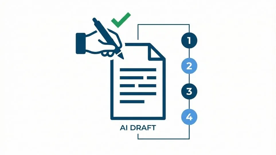 Human editor reviewing AI content draft with a four-pass editing checklist — human editing AI content fact-checking process for US creators in 2026