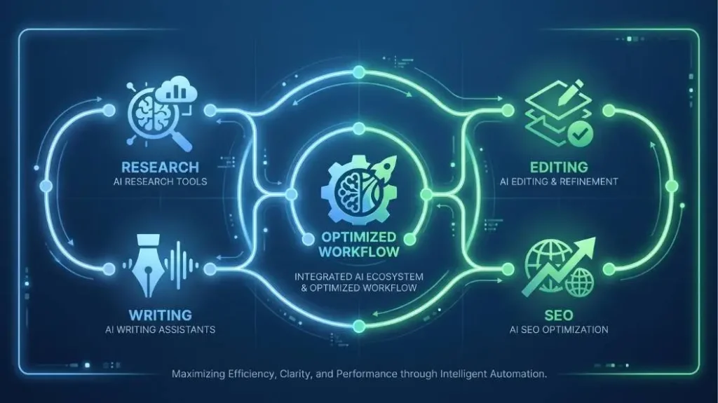 Visual representation of AI tools connected in a workflow for writing, research, editing, and SEO optimization