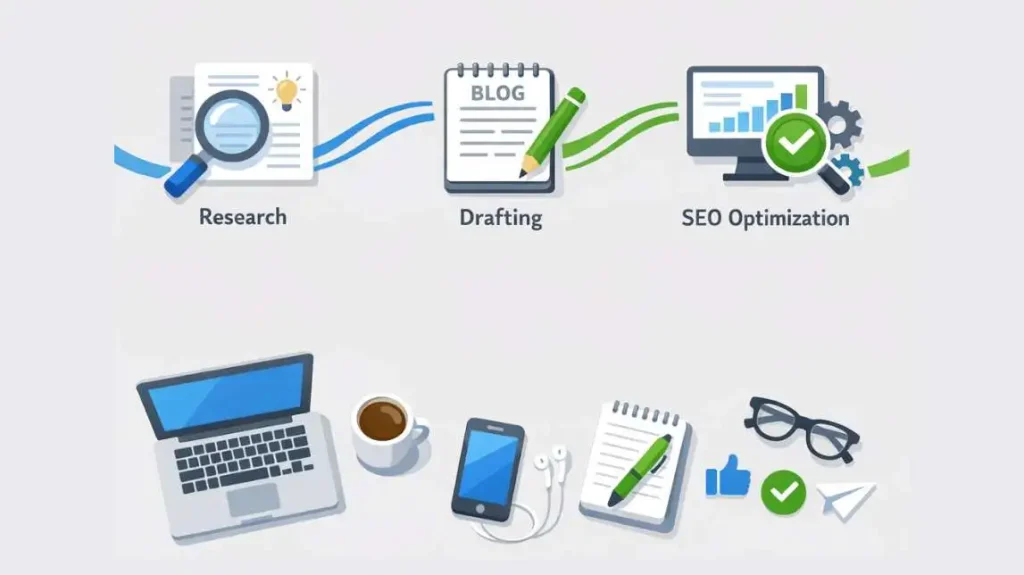 ai blog writing workflow research drafting seo optimization process using jasper ai and copy ai
