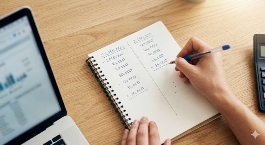 A hand working through customer acquisition cost versus repeat purchase economics in a notebook, representing the unit economics math behind investing in ecommerce customer retention AI over additional acquisition spend