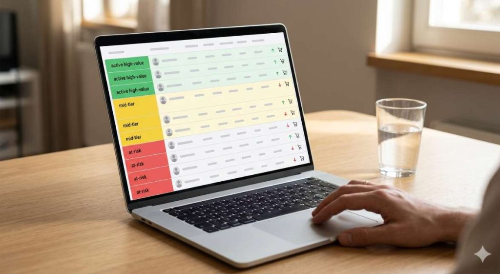 A laptop screen showing color-coded customer segments updating in real time, representing AI customer loyalty ecommerce behavioral segmentation within an ecommerce customer retention AI system.

