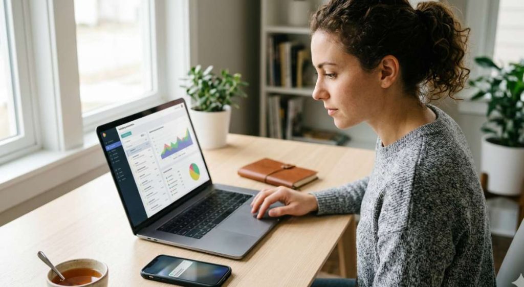 A woman monitoring email automation on a laptop while an SMS notification arrives on her phone, showing customer retention automation Shopify multi-channel delivery in operation within an ecommerce customer retention AI system.

