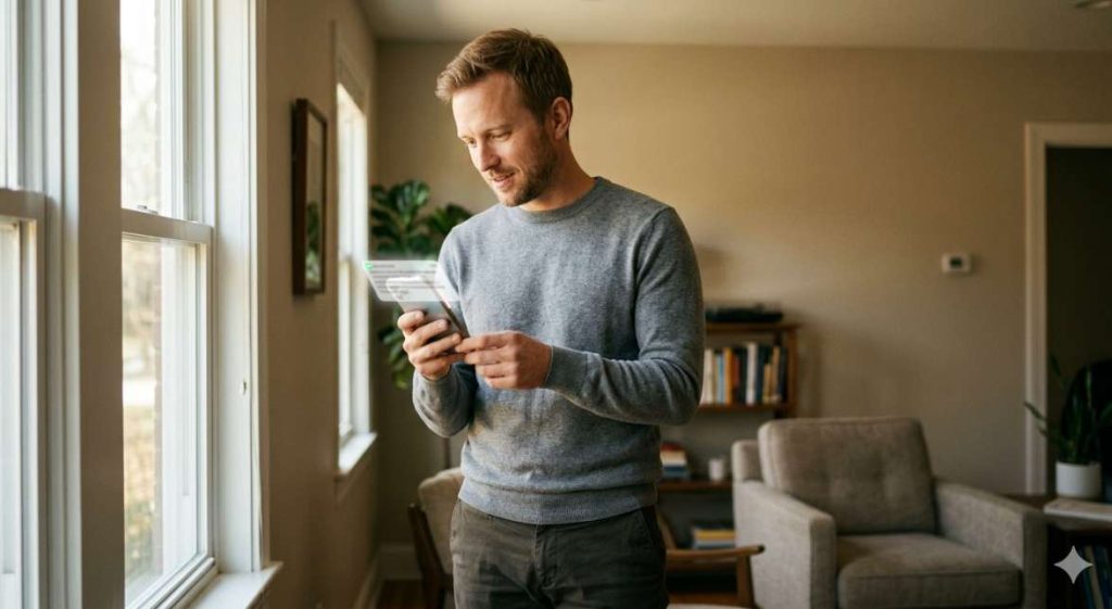 A man reading a personalized earned reward notification on his smartphone with genuine engagement, representing how an AI loyalty program ecommerce earned trigger creates a different behavioral response than an expected promotional discount.
