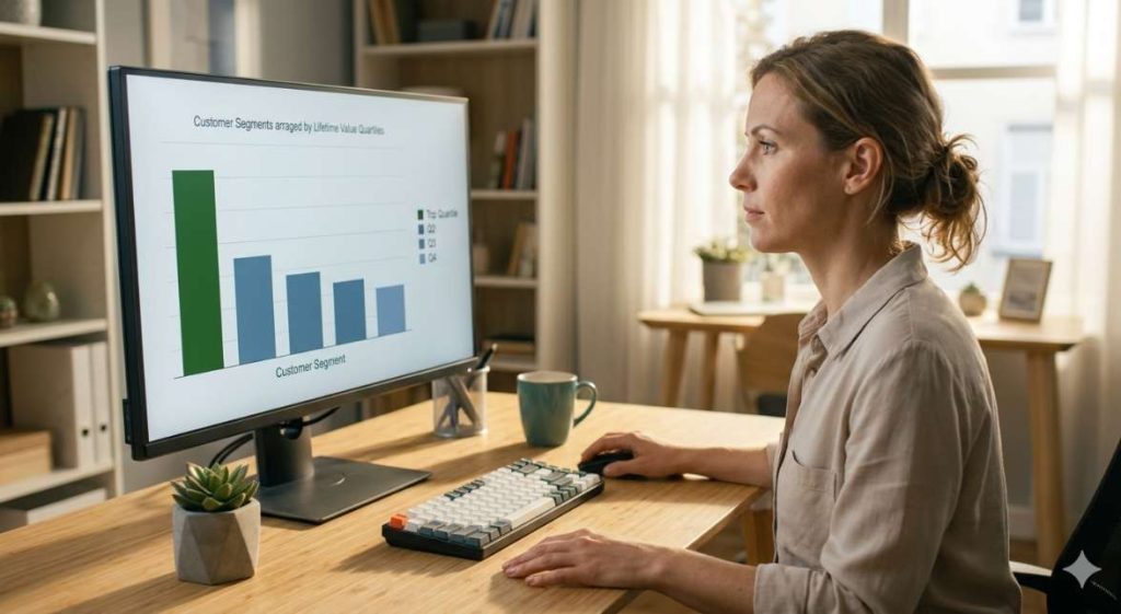 A woman reviewing a customer LTV quartile bar chart on a monitor, representing how customer lifetime value ecommerce AI data guides retention budget prioritization within an ecommerce customer retention AI system.
