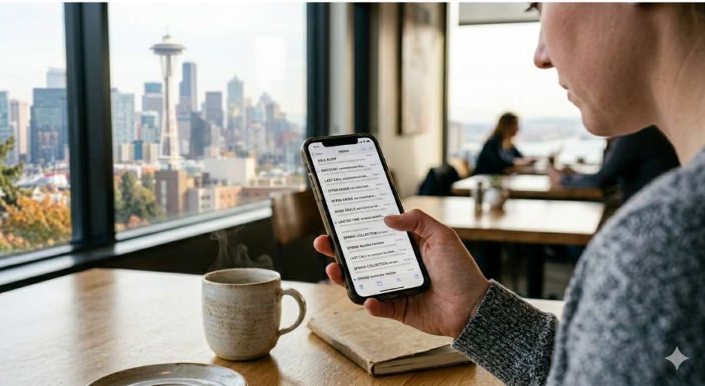 A person scrolling through an overloaded promotional email inbox on a smartphone, showing inbox fatigue from generic marketing messages.
