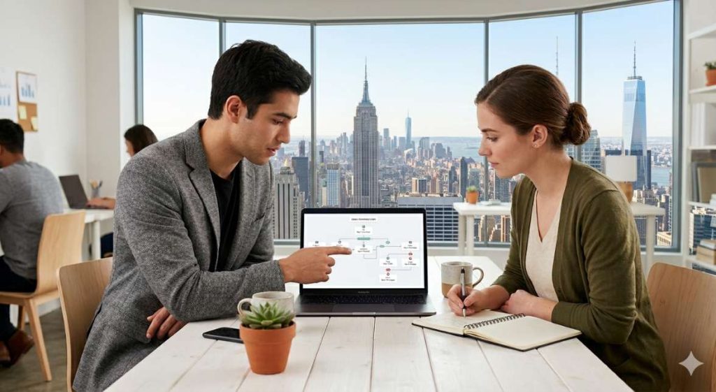 Two professionals reviewing a multi-step email automation flow diagram on a laptop in a modern US small business office.