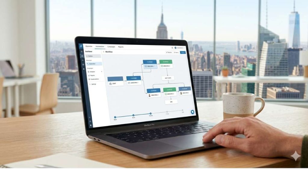 A laptop screen displaying a multi-step email automation flow with trigger conditions and timeline steps on a clean desk.