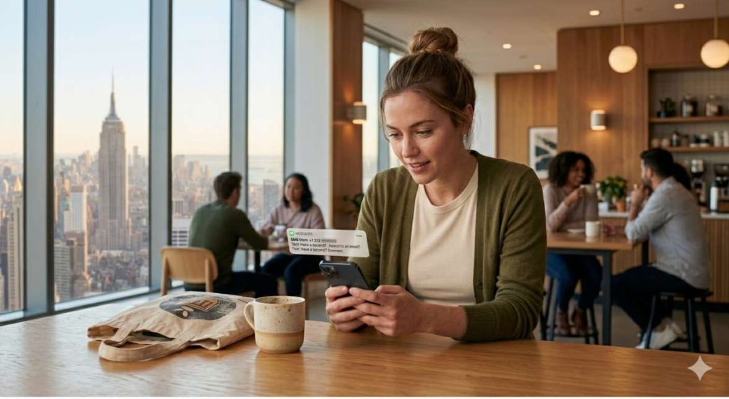 A woman in a US coffee shop reading an SMS notification on her iPhone with genuine interest.
