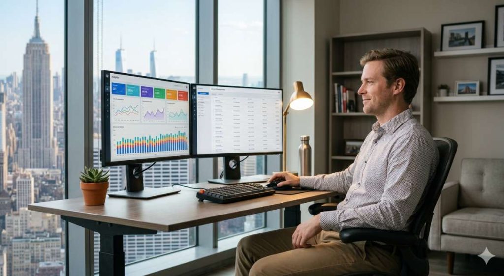 A man reviewing email analytics and order data on 2 monitors in a professional US home office.
