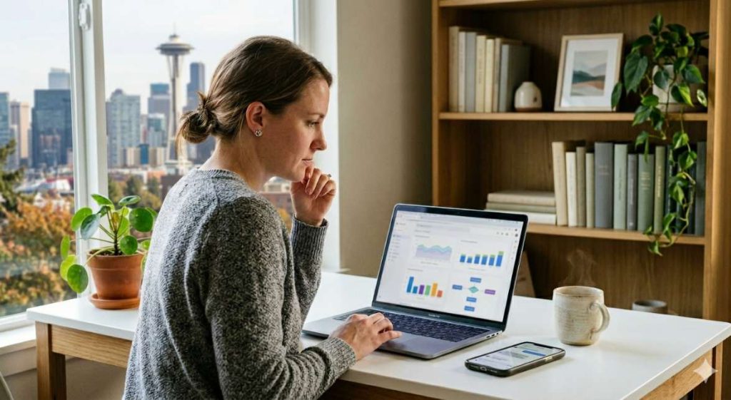 A woman reviewing email automation analytics on a laptop in a modern US home office, with a smartphone showing SMS notifications on the desk beside her.