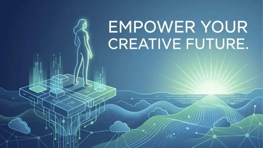 Inspiring futuristic illustration of a content creator empowered by AI tools in a data-driven digital environment