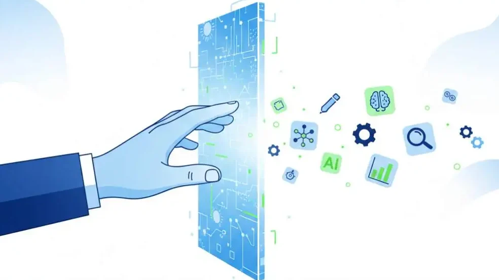 A human hand opening a glowing digital gateway to various free AI writing tools 2026, minimalist futuristic style.