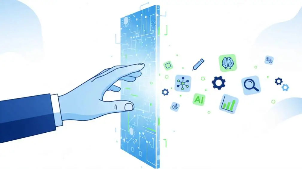 A human hand opening a glowing digital gateway to various free AI writing tools in 2026, minimalist futuristic style.