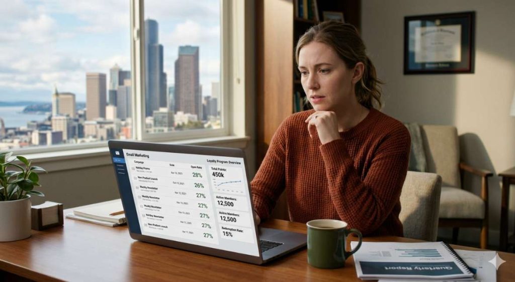 A woman looking at her smartphone with a concerned expression in a US coffee shop, Seattle or New York buildings visible through the window behind her, representing the blind spot that predictive customer analytics ecommerce exposes in standard loyalty data.
