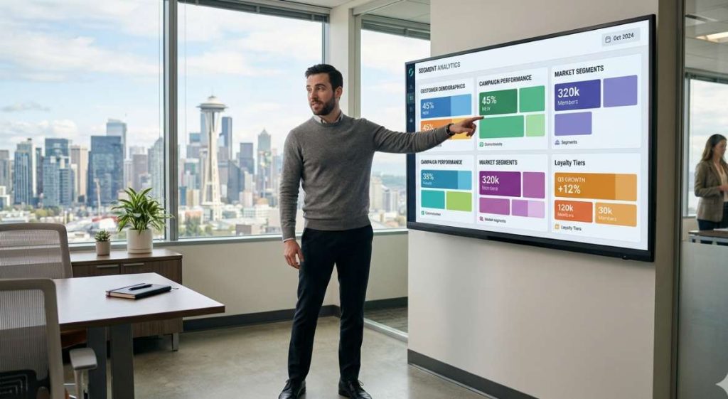 A man standing in a small US business office pointing at colored customer segments on a wall-mounted monitor, representing behavioral segmentation in a predictive customer analytics ecommerce system.